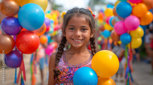 Smiling Girl with Colorful Balloons Celebrating Children's Day Outdoors
