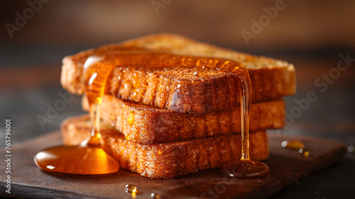 Fresh honey with toast biscuit on a wooden board (ID: 765796001)