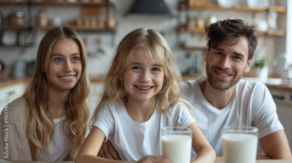 The children are joyfully drinking milk with their parents, enjoying quality time together. The children are joyfully drinking milk with their parents, enjoying quality time together.