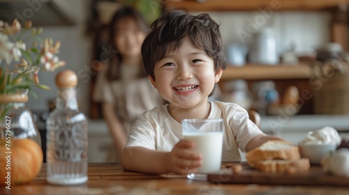 The children are joyfully drinking milk with their parents, enjoying quality time together.