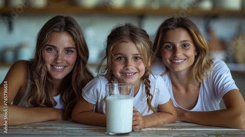The children are joyfully drinking milk with their parents, enjoying quality time together.