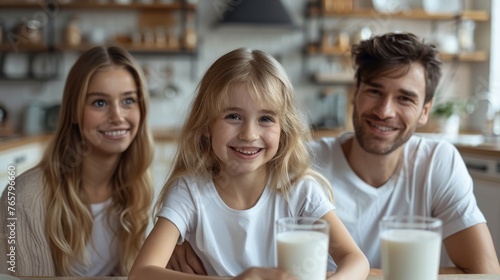 The children are joyfully drinking milk with their parents, enjoying quality time together.