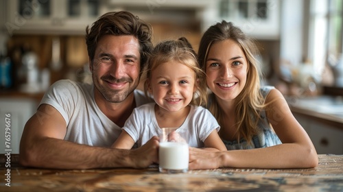 The children are joyfully drinking milk with their parents, enjoying quality time together.