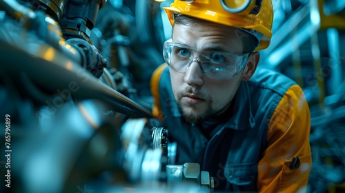 A diligent engineer wearing safety gear intensely examines industrial machinery parts in a factory setting.