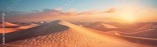 Illuminated by the setting sun, the desert landscape comes alive with a warm and vibrant glow, as rippling sand dunes.