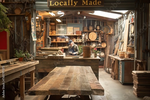 A craftsman works in a warmly lit, rustic woodshop surrounded by handmade pottery and woodcrafts, embodying skilled artisanship photo