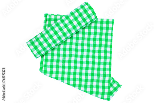 A green white checkered napkin or picnic tablecloth texture with a rolled towel isolated on white. Kitchen towels. Backdrop for your product placement or montage.