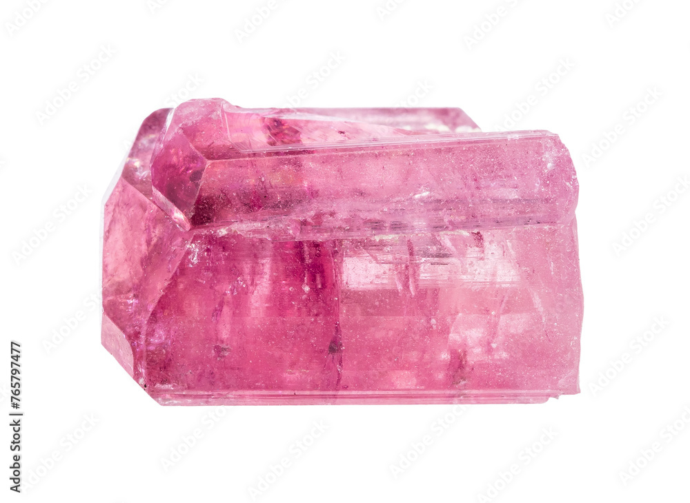 close up of sample of natural stone from geological collection - raw rubellite crystal isolated on white background from Transbaikalia close up of sample of natural stone from geological collection - raw rubellite crystal isolated on white background from Transbaikalia