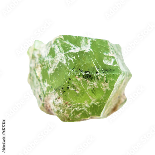 close up of sample of natural stone from geological collection - rough demantoid mineral isolated on white background from Ural Mountains