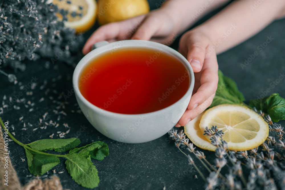 Natural herbal tea with lemon, mint and lavender