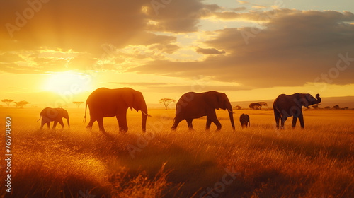 A family of elephants on the African savannah at sunset