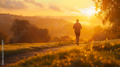 Runner full of vitality, early morning, scenic nature around, sunshine golden light, panoramic landscape © Eugen Snipe