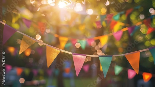 Outdoor party colorful flags decoration on blurry background photo