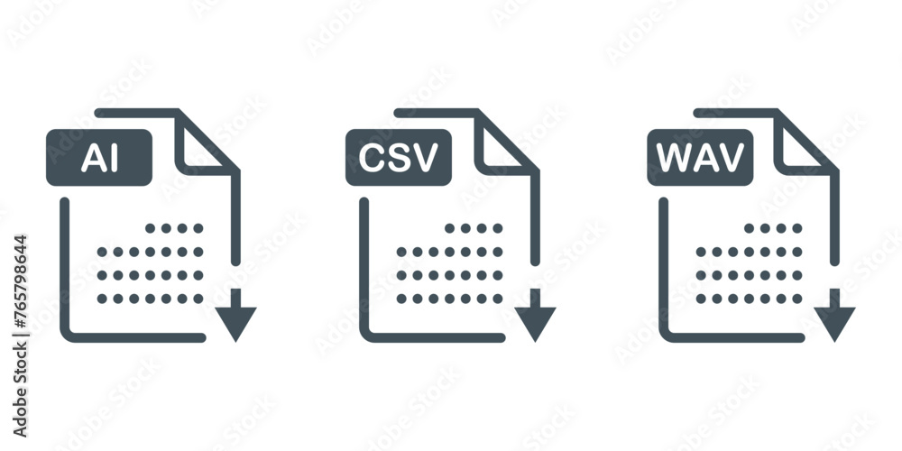 Icon Set of graphic templates audio, video, image, system, archive, code, AI, CSV, WAV and document file in white black Icon Set of graphic templates audio, video, image, system, archive, code, AI, CSV, WAV and document file in white black