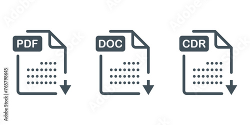 Icon Set of graphic templates audio, video, image, system, archive, code, pdf, doc, cdr and document file in white black