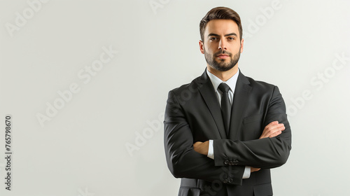 full length Serious man in suit with crossed arms white background professional photography.