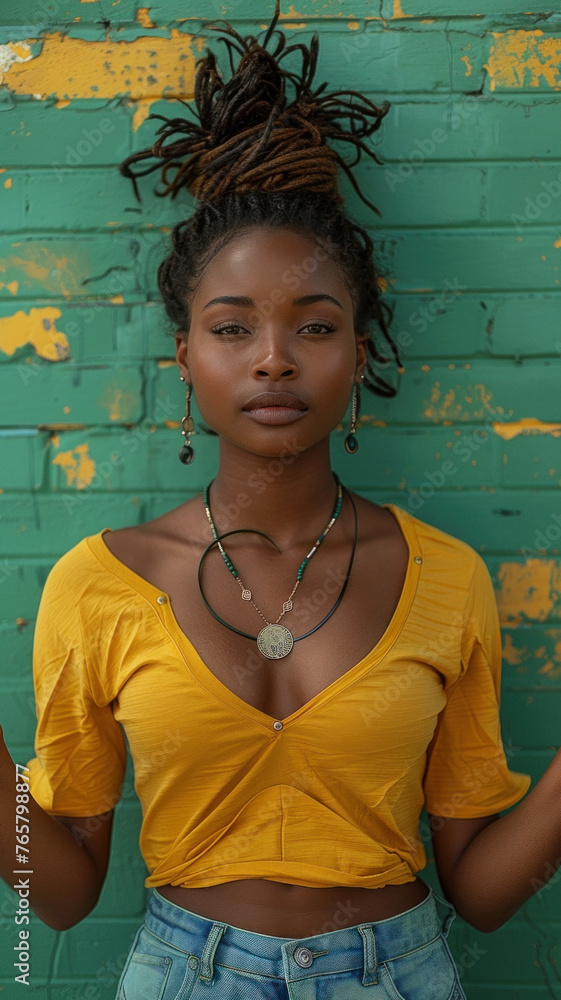 Fototapeta premium Portrait of African attractive woman against background of green brick wall