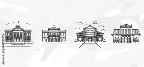  Lineart-Illustrationen von klassischen Bahnhofsgebäuden