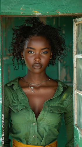 Portrait of African attractive woman against background of green brick wall