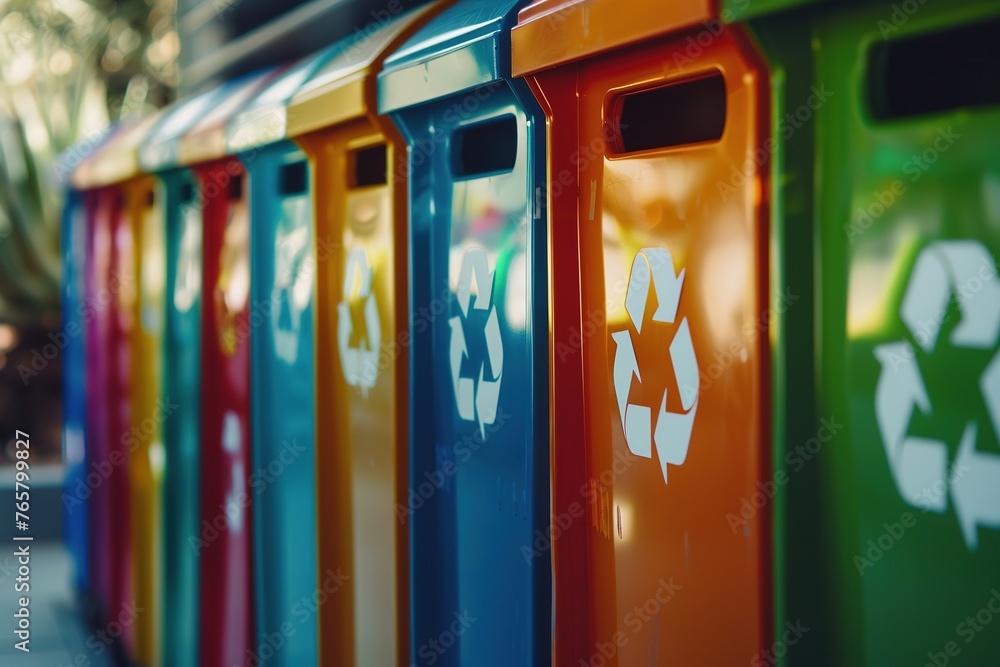 Colorful recycling bins in a row with recycle symbols.