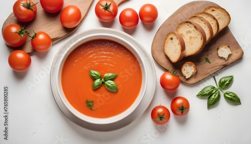 tomato soup served with fresh tomatoes and bread