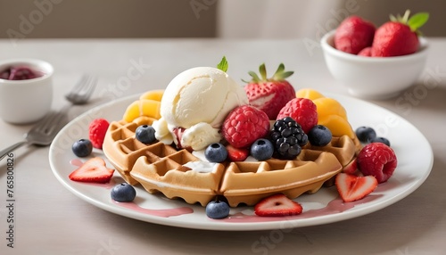 waffle with fresh fruit and ice cream