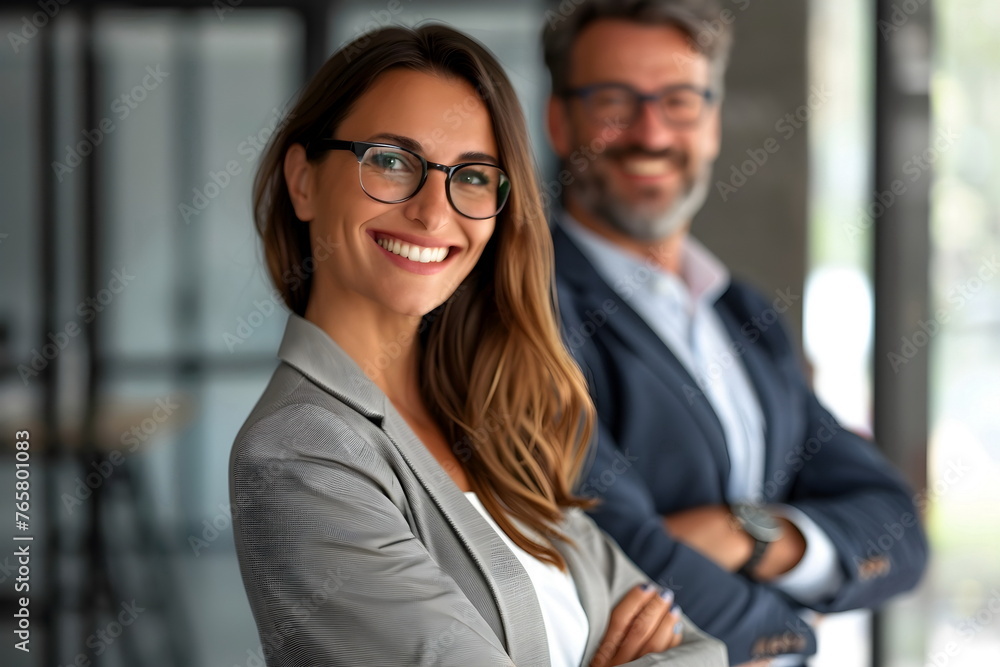 A man and a woman standing next to each other with crossed arms in an office A man and a woman standing next to each other with crossed arms in an office