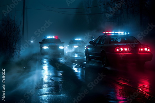 Three police cars stopped in the middle of a dark road at night during rain