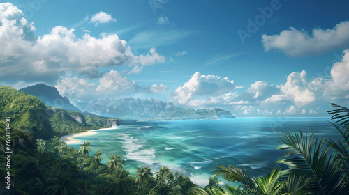 beautiful view of the sea and bay , mountain in background , blue sky 
