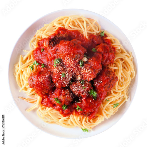 Homemade spaghetti and meatballs with tomato sauce. Top down view isolated on a white background.