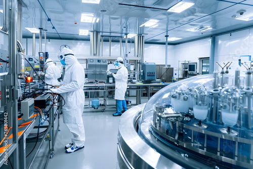 Pharmaceutical workers testing and developing products in a medical factory