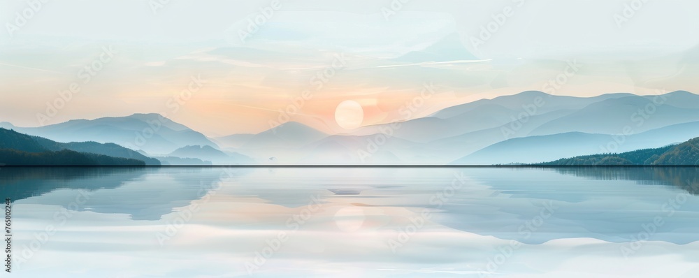 A beautiful mountain landscape with a lake and a sun setting in the background
