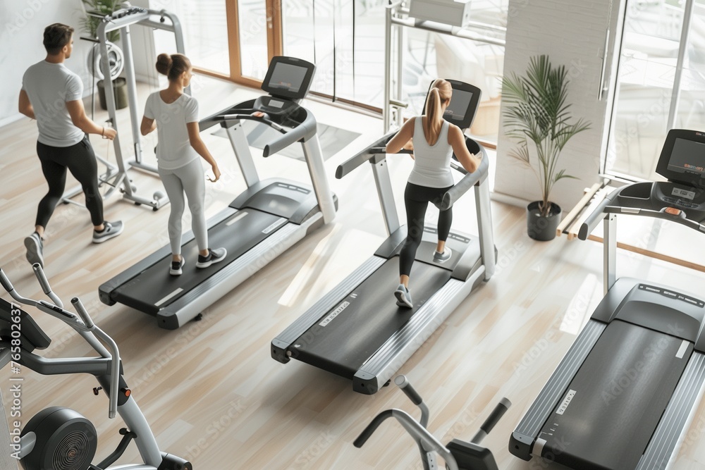 Fototapeta premium Fitness enthusiasts utilizing the office gym during breaks for a quick workout,