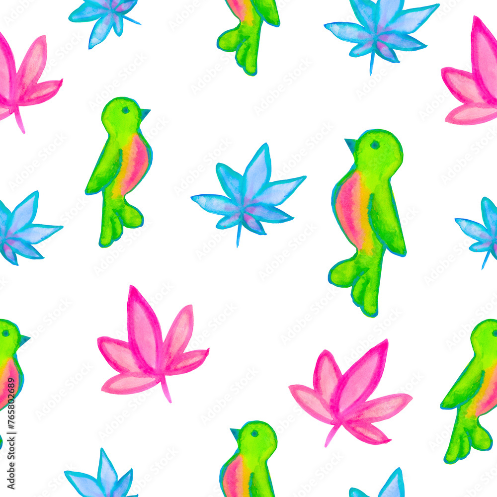 seamless watercolor pattern of pink and blue flowers and green birds on a white background