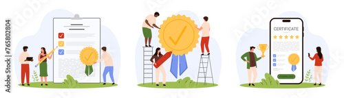 Document approval with quality seal set. Tiny people approve checklist in paper form, business decision and paperwork with round stamp, legal license file in mobile app cartoon vector illustration