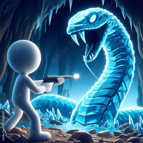 In a frozen clash, man faces the Snow Serpent, a fight against the elements for dominance in the icy wilderness.