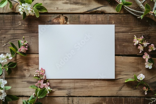 A plain white greeting card / postcard mockup on a wooden table, surrounded by floral elements photo