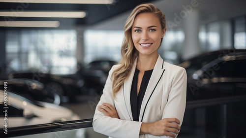 Professional luxury car saleswoman in a luxurious showroom, showcasing the elegance of the auto dealership office.  © Wajid