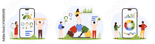 Data chart analysis on dashboard of mobile app set. Tiny people control financial graph growth and diagram of marketing performance in online platform, analyzing reports cartoon vector illustration