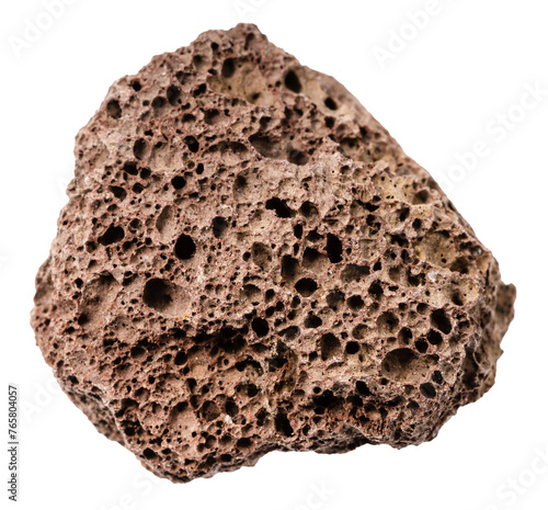 close up of sample of natural stone from geological collection - raw brown pumice isolated on white background
