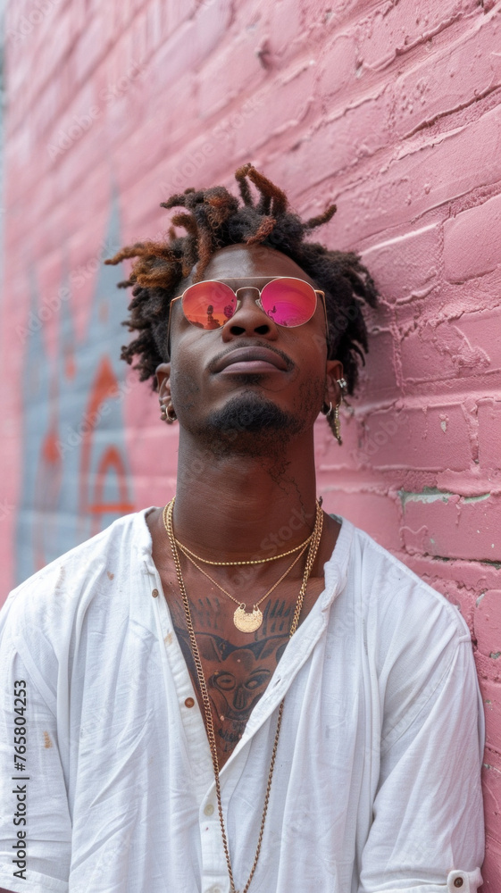 Portrait of African attractive man against background of pink brick wall Portrait of African attractive man against background of pink brick wall
