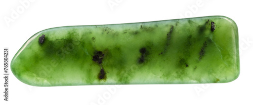 close up of sample of natural stone from geological collection - polished green nephrite gemstone isolated on white background from Sayan Mountains, Eastern Siberia photo