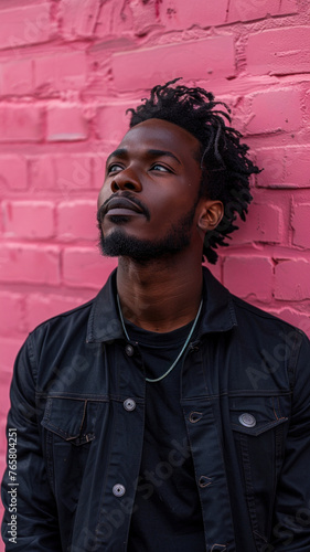 Portrait of African attractive man against background of pink brick wall
