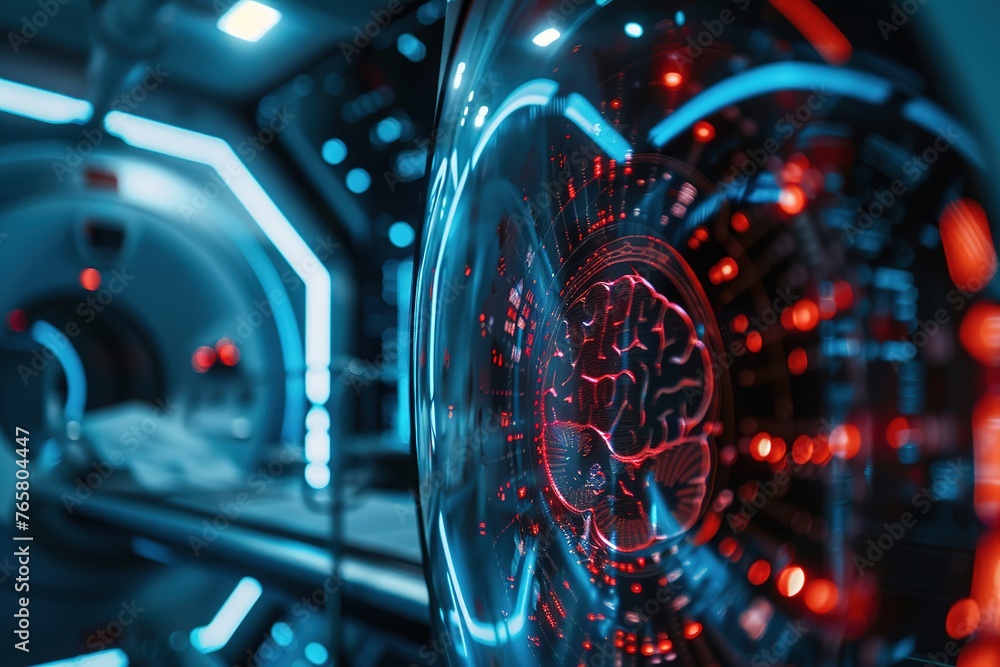 Fototapeta premium Futuristic brain scan interface inside a high-tech medical facility.