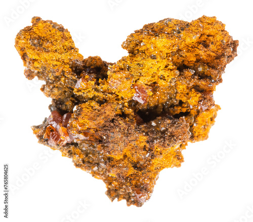 close up of sample of natural stone from geological collection - raw wulfenite ore isolated on white background from Xinjiang, China photo