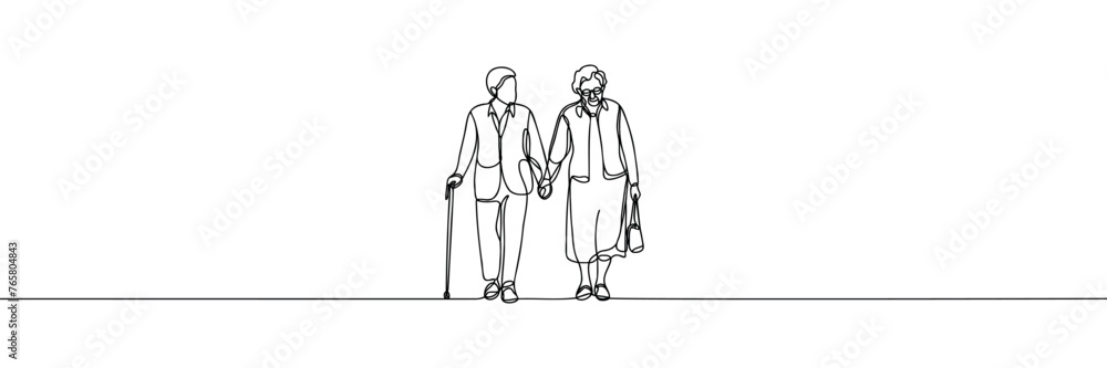 Continuous one line drawing old man and old woman walking Continuous one line drawing old man and old woman walking