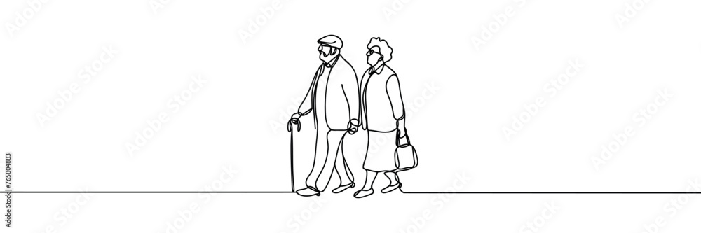 Continuous one line drawing old man and old woman walking