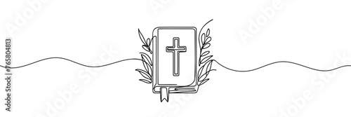 Continuous one line drawing silhouette of Bible. Bible linear icon. One line drawing background. Vector illustration
