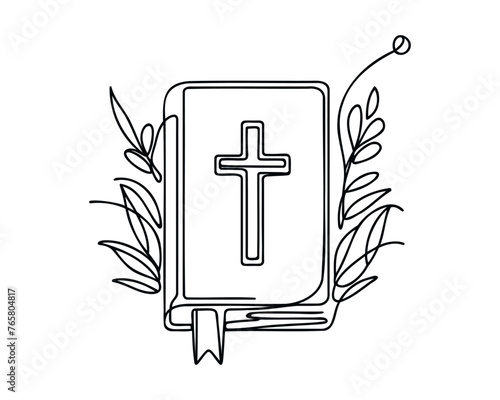 Continuous one line drawing silhouette of Bible. Bible linear icon. One line drawing background. Vector illustration