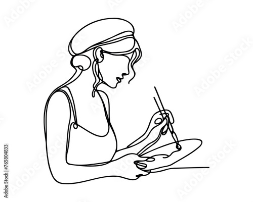 One continuous line drawing portrait of a young female artist with a palette in her hands